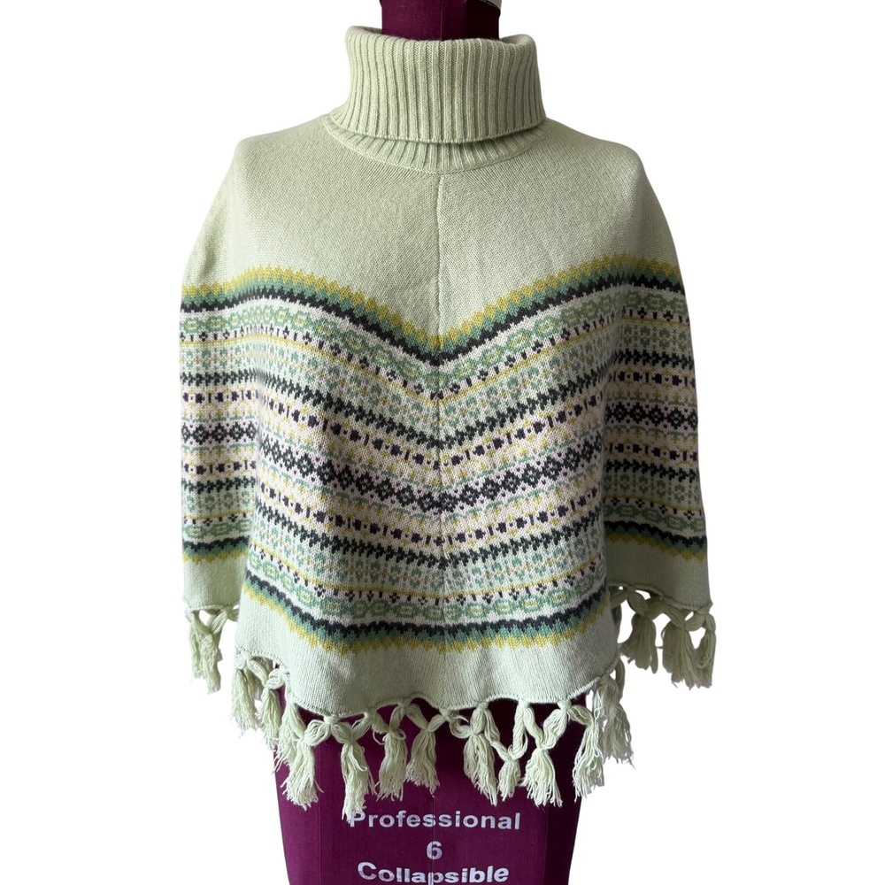 Christopher Fischer Poncho Sweater Cashmere Turtleneck Fringe Green Large